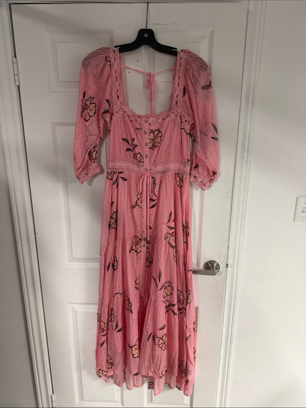 Free People Pink Floral Lace-Trim Maxi Dress